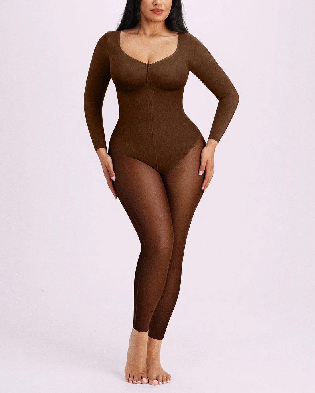 BOOT-YEAH™ Zip-Front Tummy Control Full-Length Bodysuit - Brown