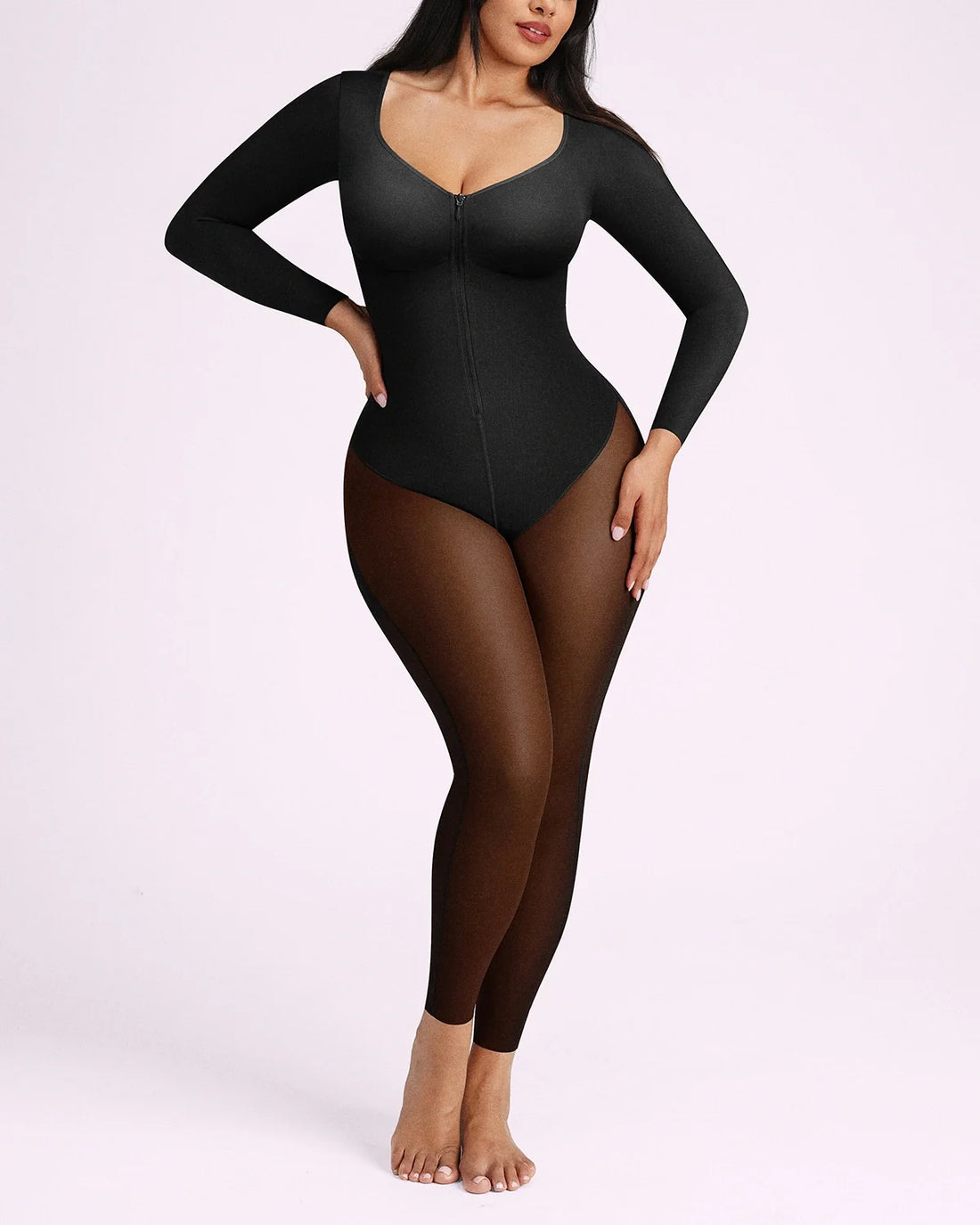 BOOT-YEAH™ Zip-Front Tummy Control Full-Length Bodysuit - Black
