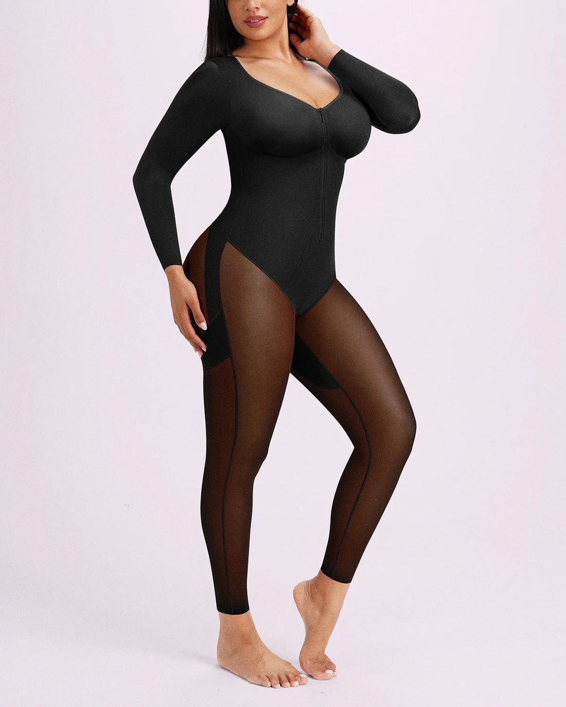 BOOT-YEAH™ Zip-Front Tummy Control Full-Length Bodysuit - Black