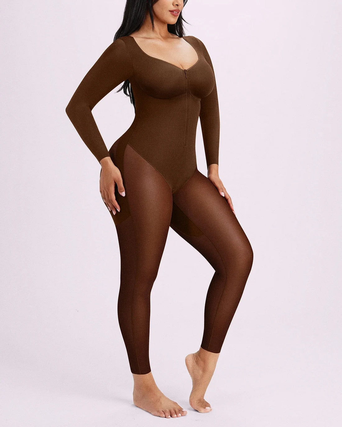 BOOT-YEAH™ Zip-Front Tummy Control Full-Length Bodysuit - Brown