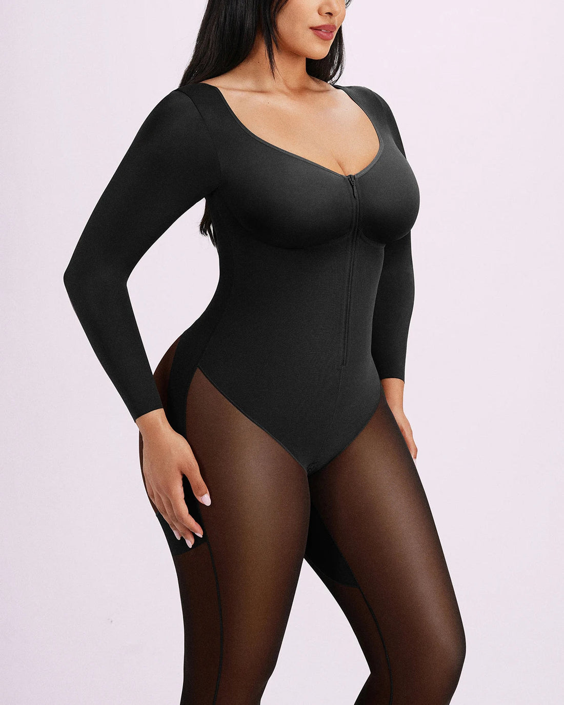 BOOT-YEAH™ Zip-Front Tummy Control Full-Length Bodysuit - Black