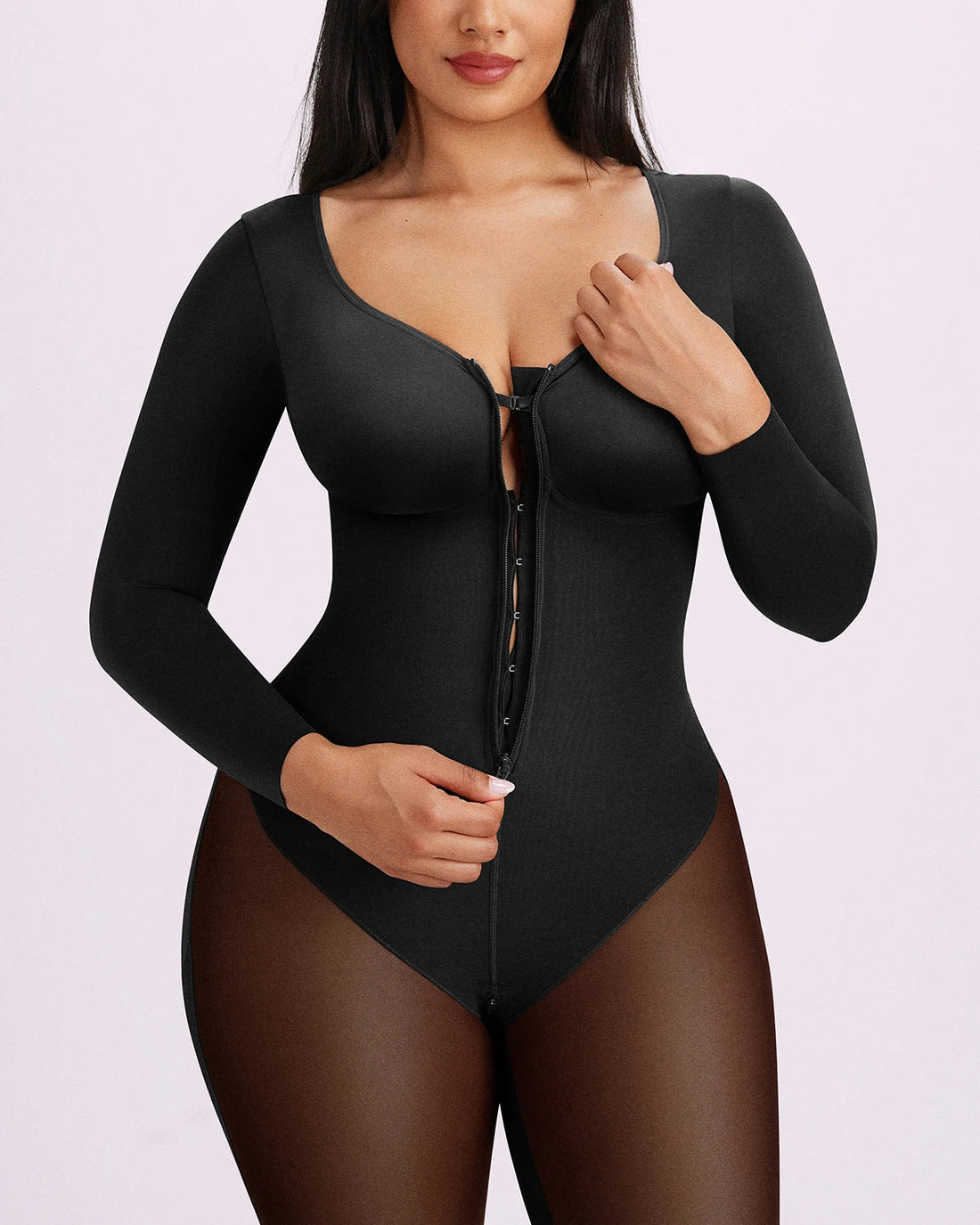 BOOT-YEAH™ Zip-Front Tummy Control Full-Length Bodysuit - Black