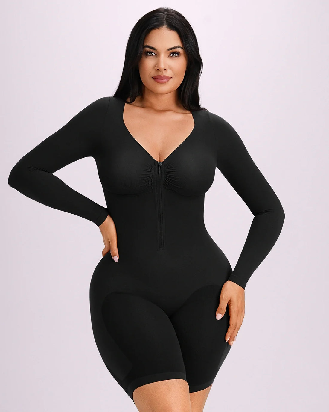 Long Sleeve Zip-Front Bodysuit - Black