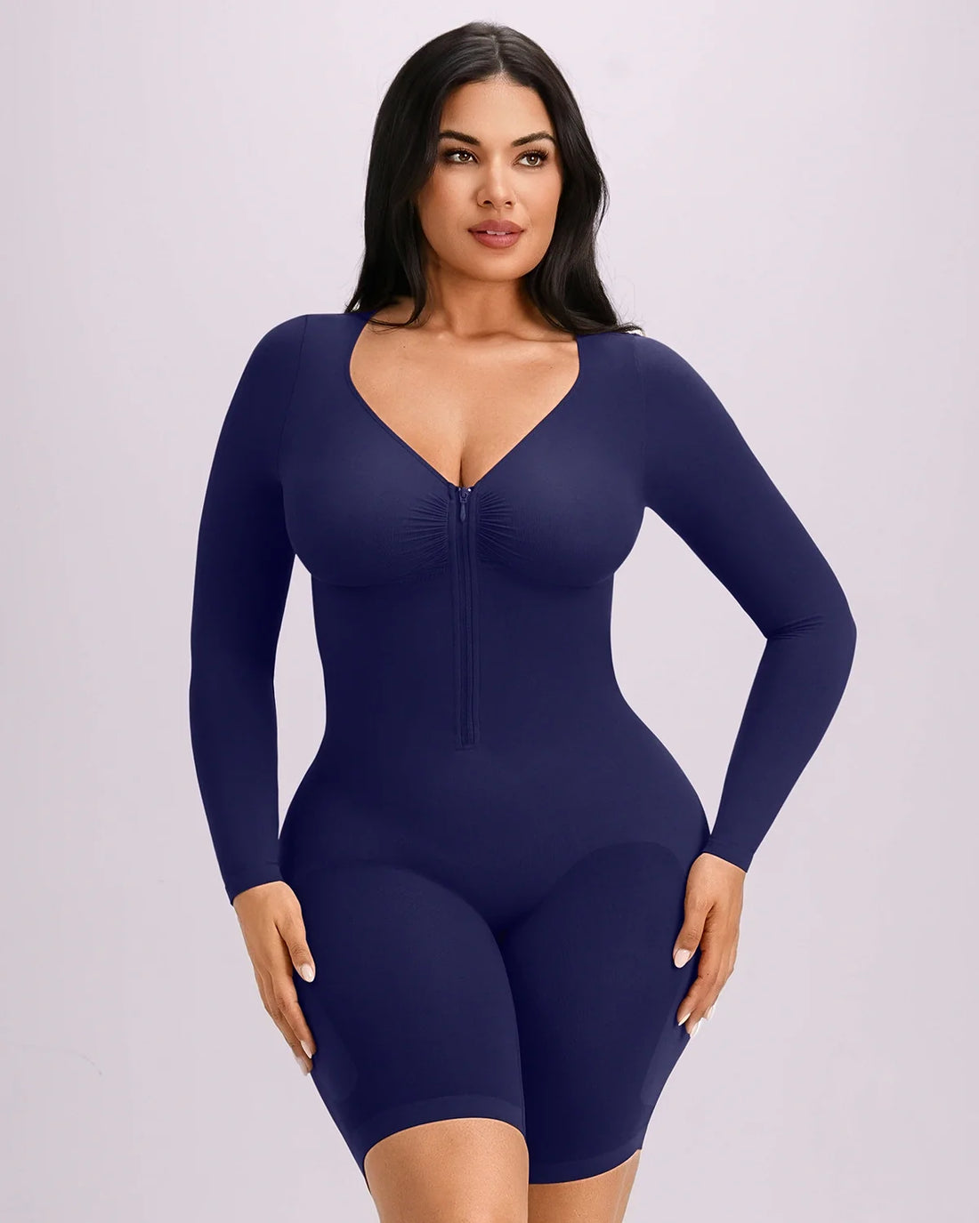Long Sleeve Zip-Front Bodysuit - Navy Blue