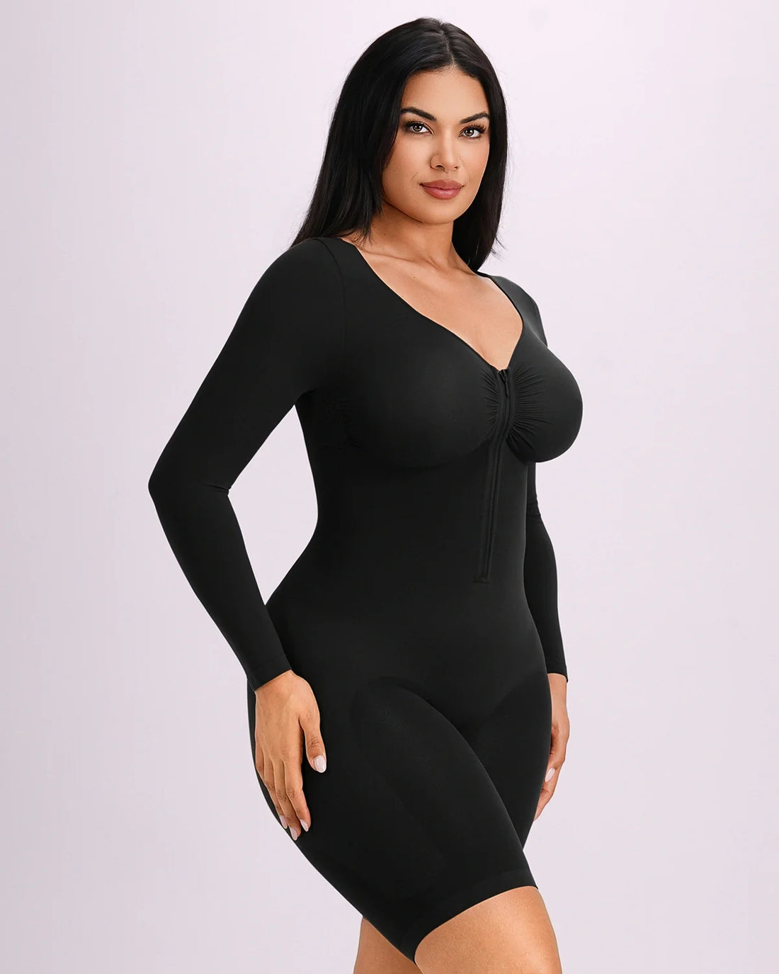 Long Sleeve Zip-Front Bodysuit - Black
