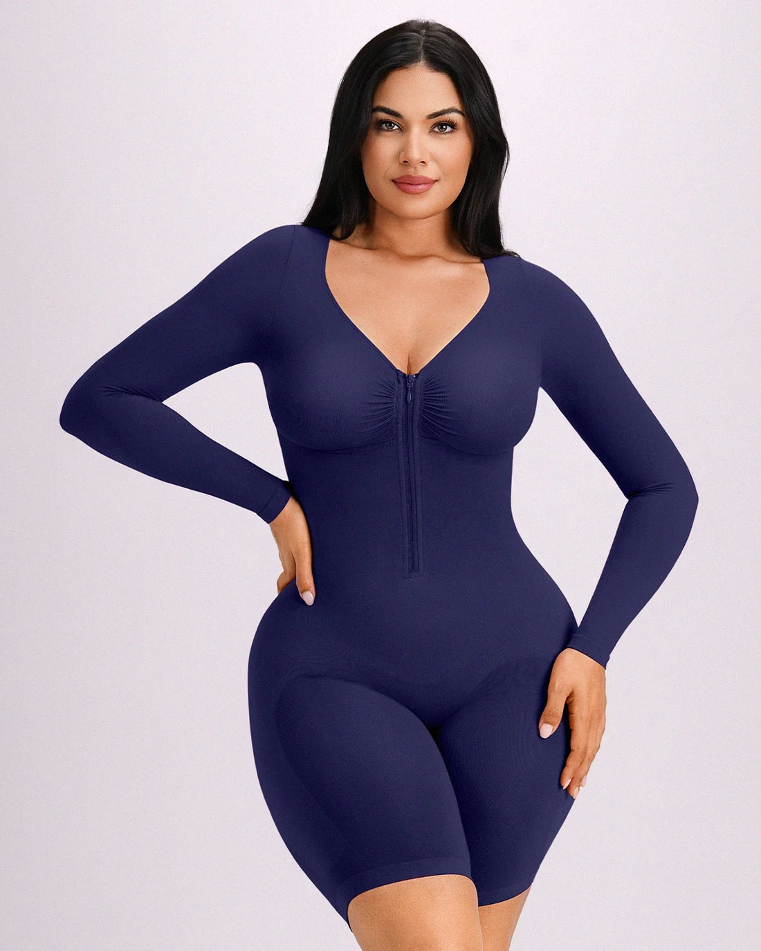 Long Sleeve Zip-Front Bodysuit - Navy Blue