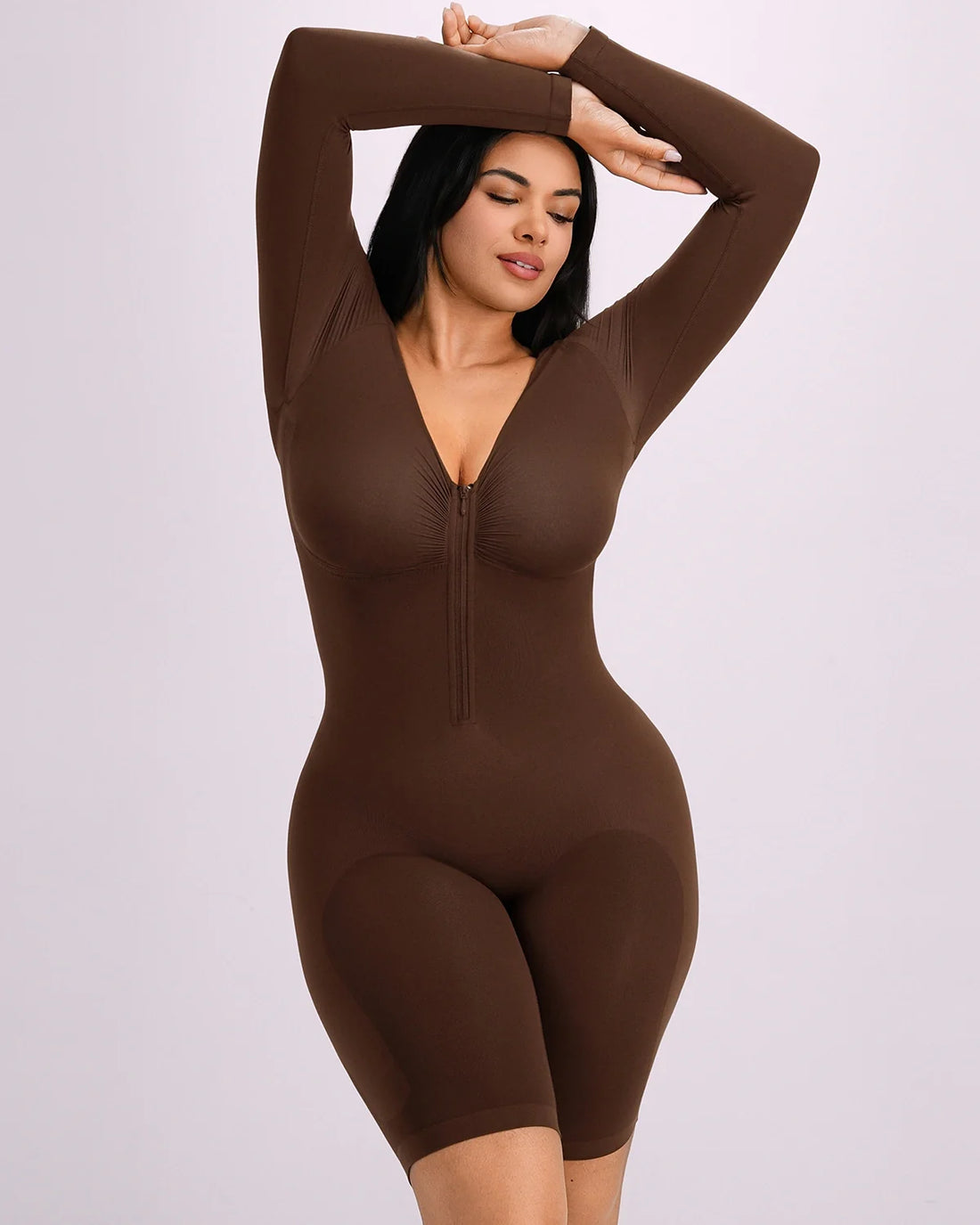 Long Sleeve Zip-Front Bodysuit - Brown