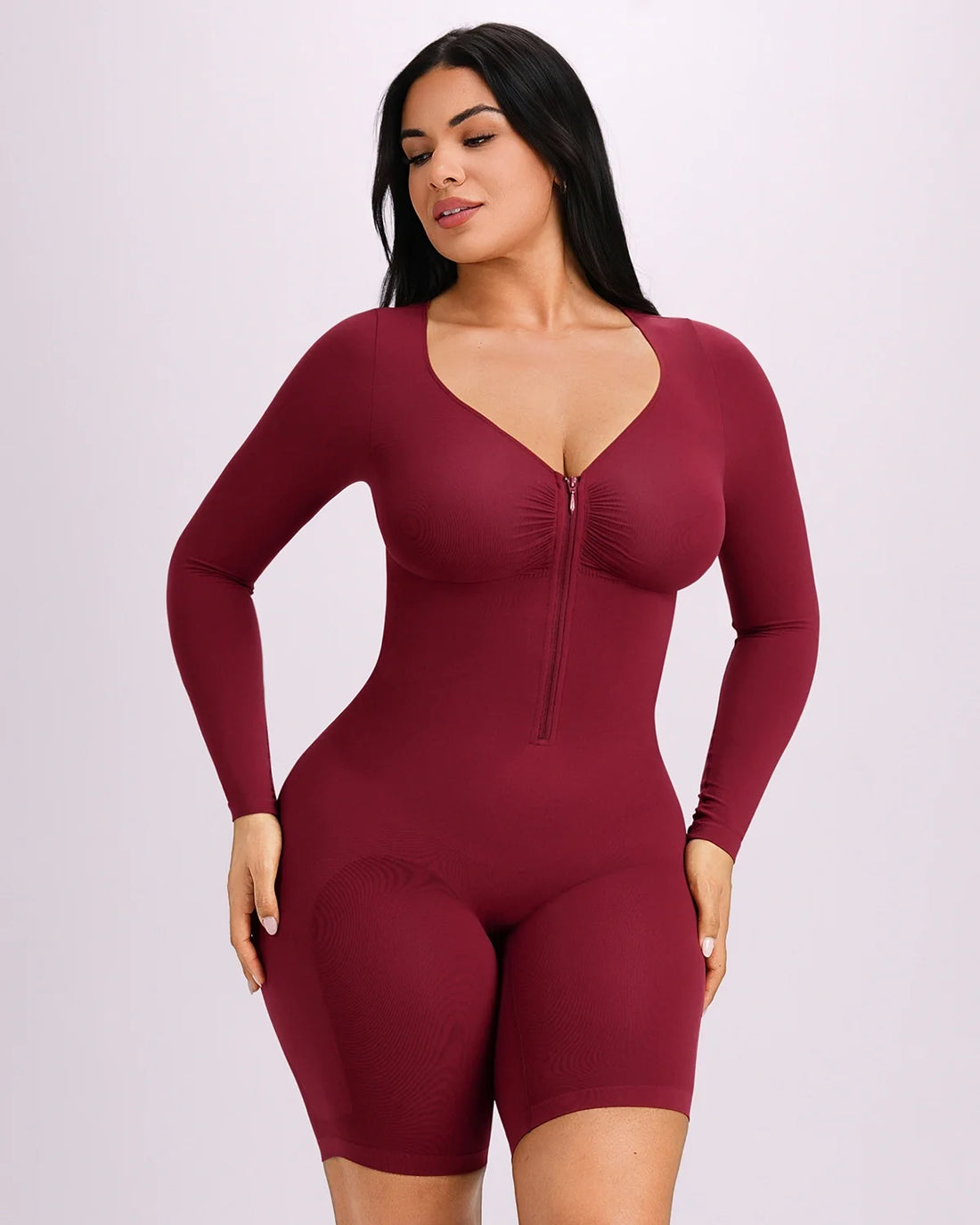 Long Sleeve Zip-Front Bodysuit - Garnet