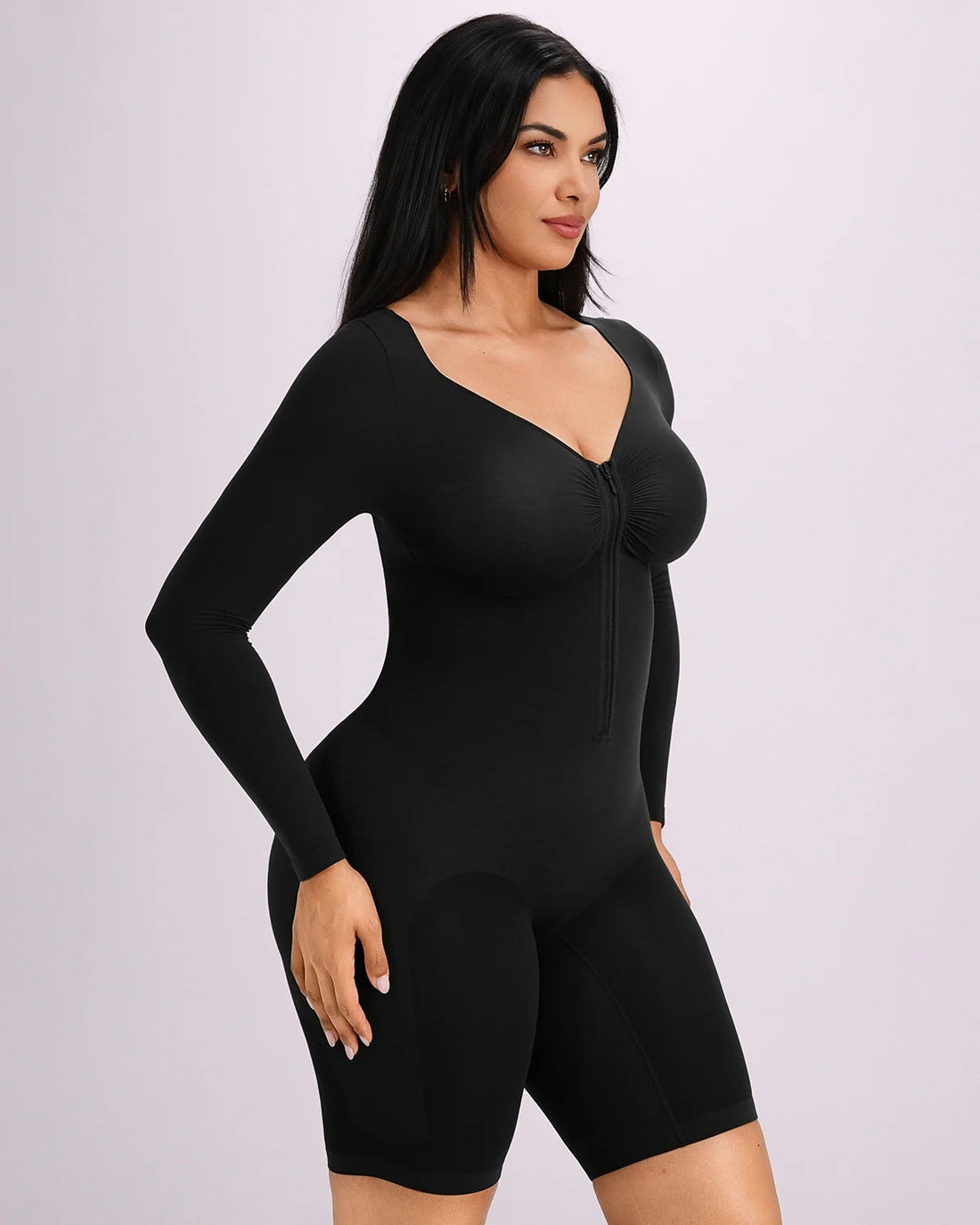 Long Sleeve Zip-Front Bodysuit - Black