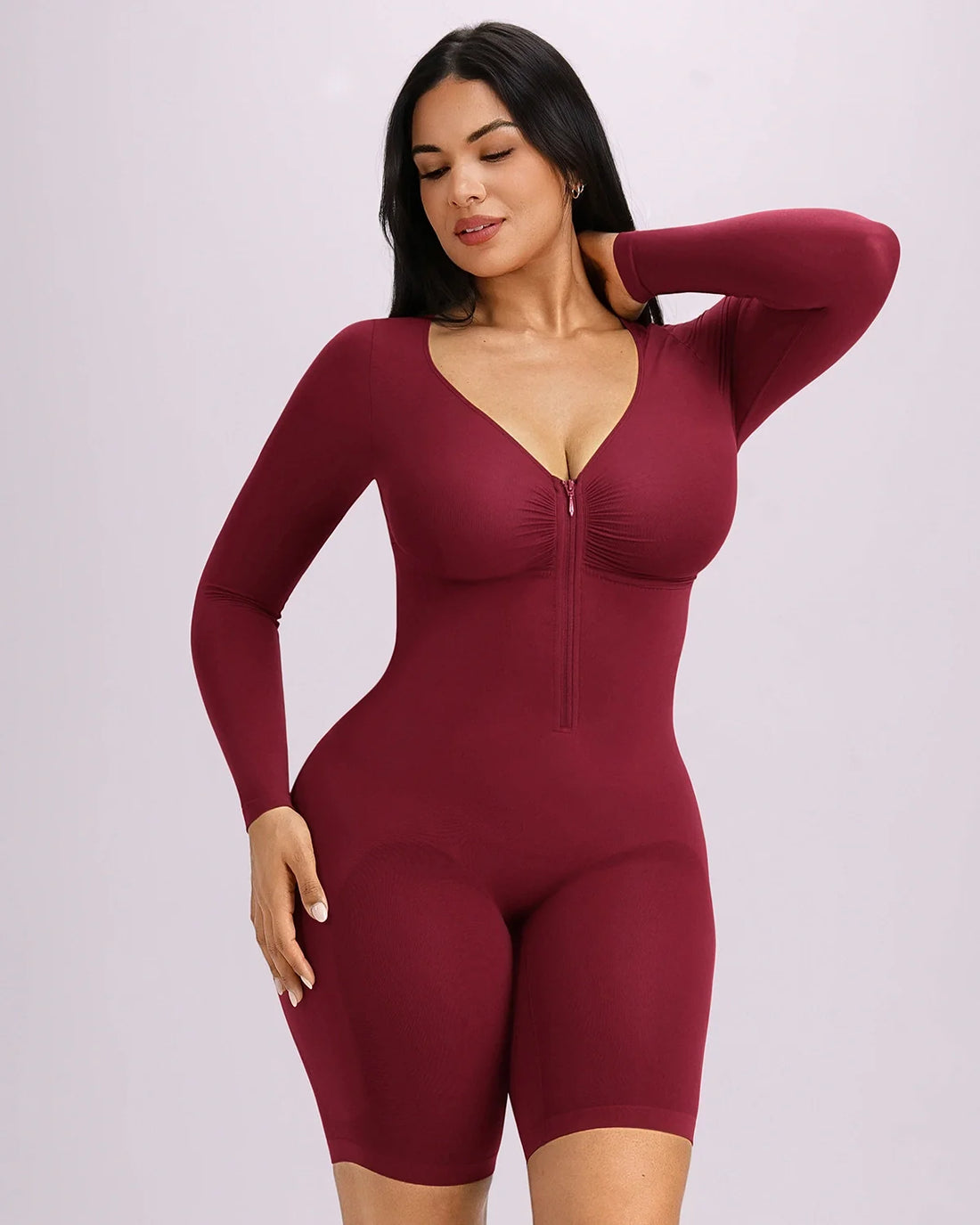 Long Sleeve Zip-Front Bodysuit - Garnet