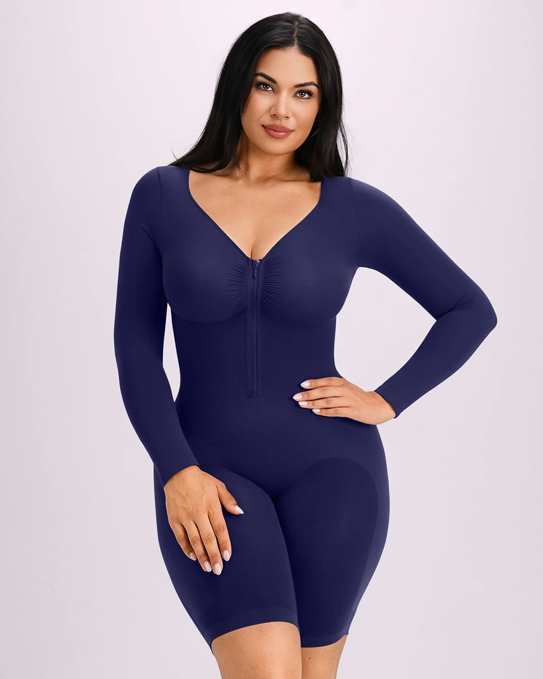 Long Sleeve Zip-Front Bodysuit - Navy Blue