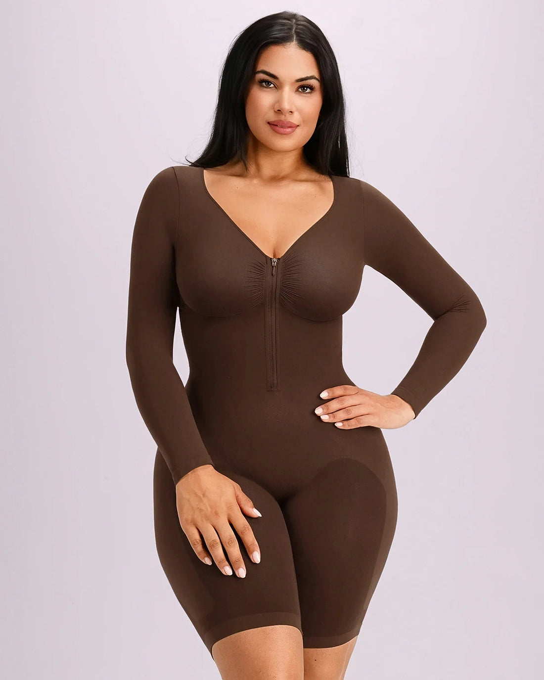 Long Sleeve Zip-Front Bodysuit - Brown
