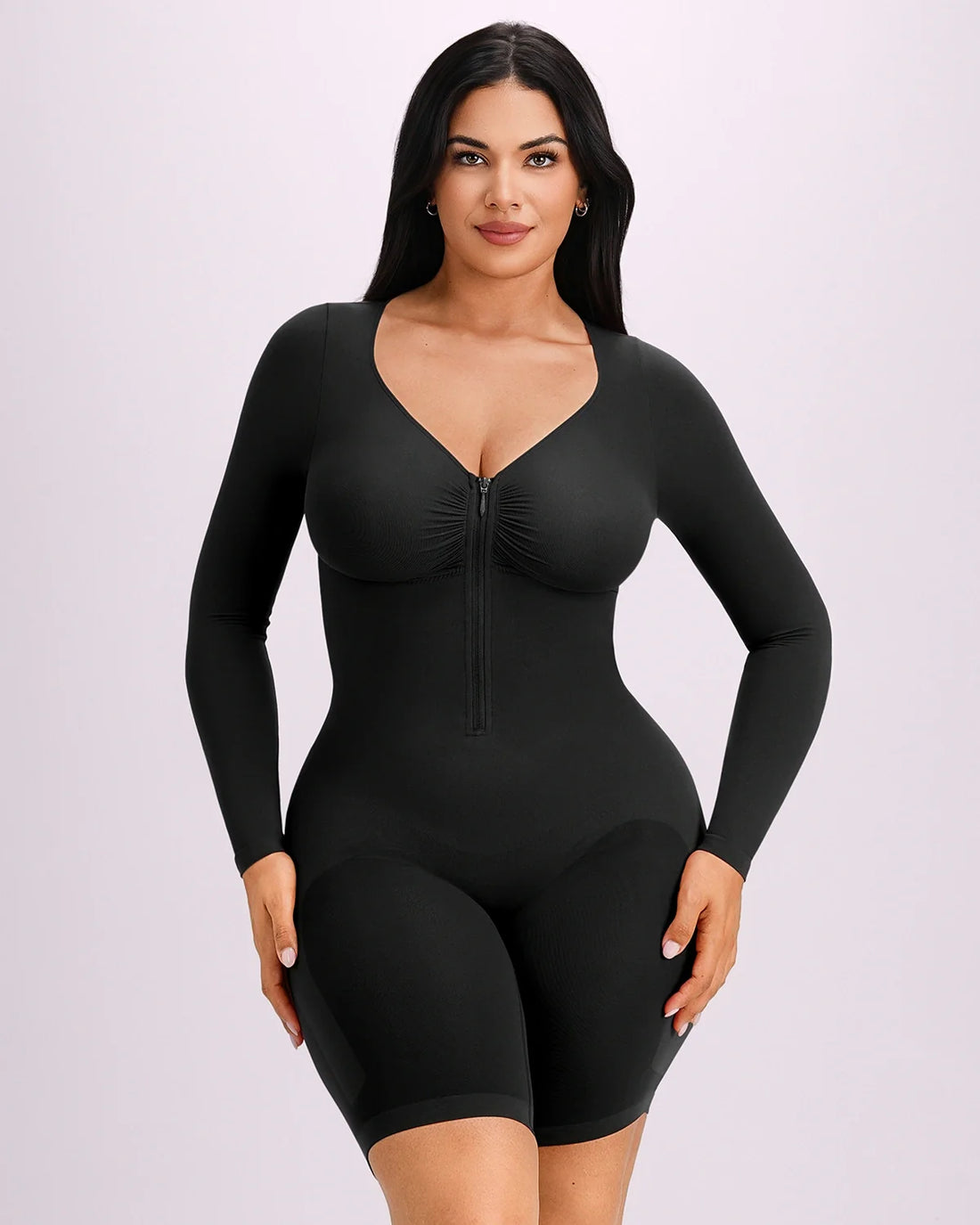 Long Sleeve Zip-Front Bodysuit - Black