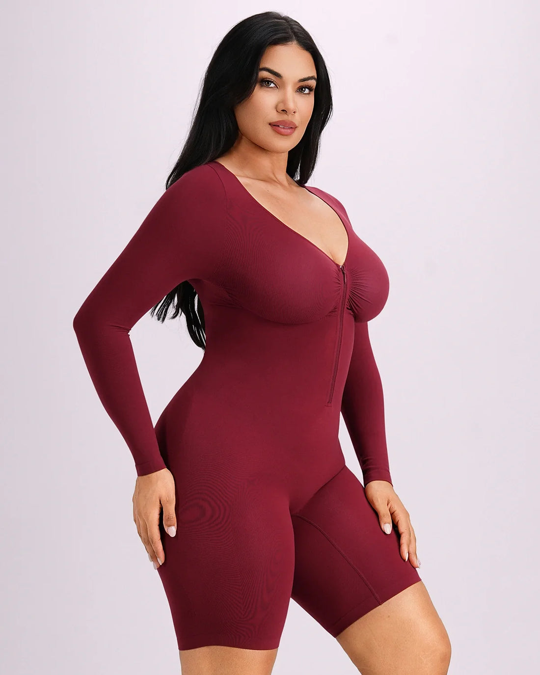 Long Sleeve Zip-Front Bodysuit - Garnet