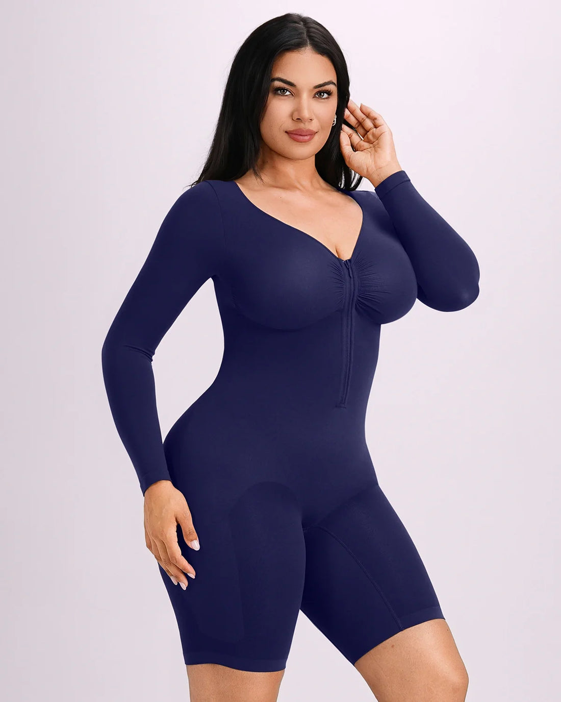 Long Sleeve Zip-Front Bodysuit - Navy Blue
