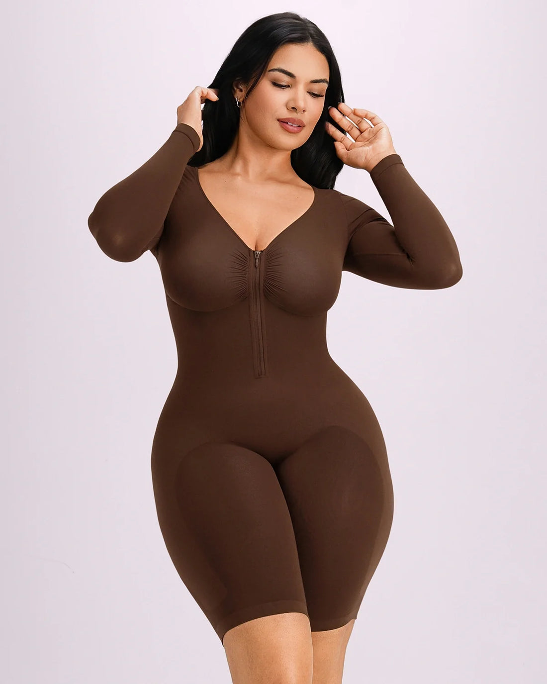 Long Sleeve Zip-Front Bodysuit - Brown