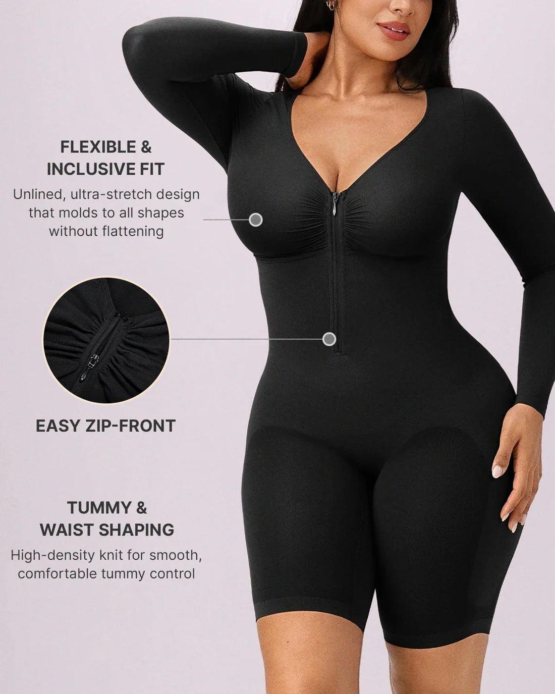 Long Sleeve Zip-Front Bodysuit - Black
