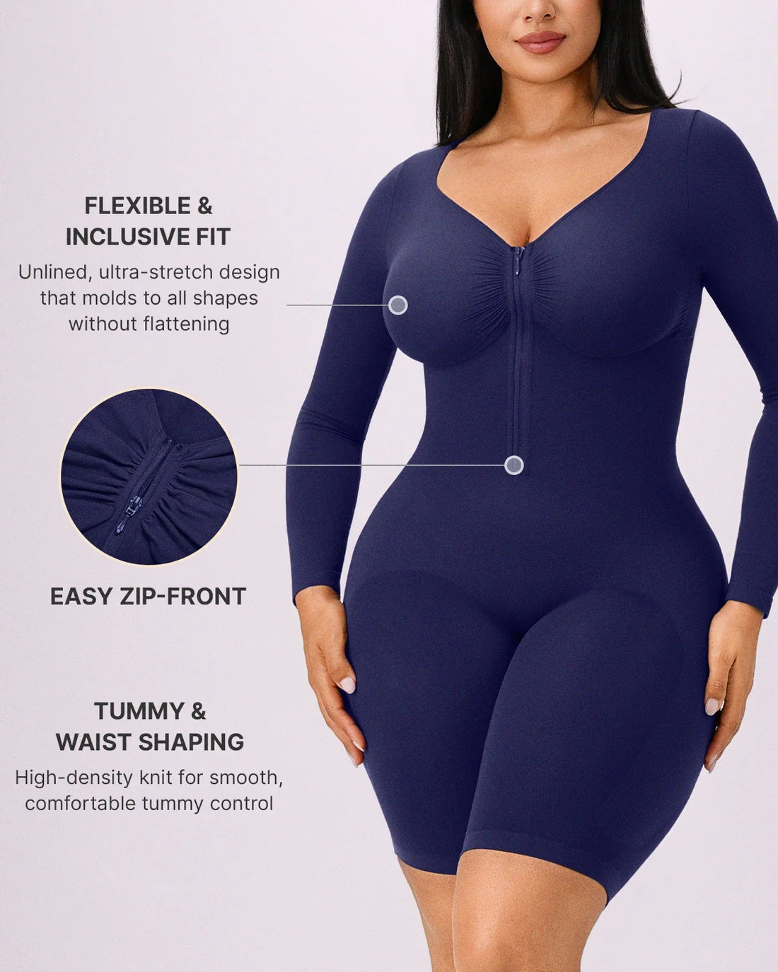 Long Sleeve Zip-Front Bodysuit - Navy Blue
