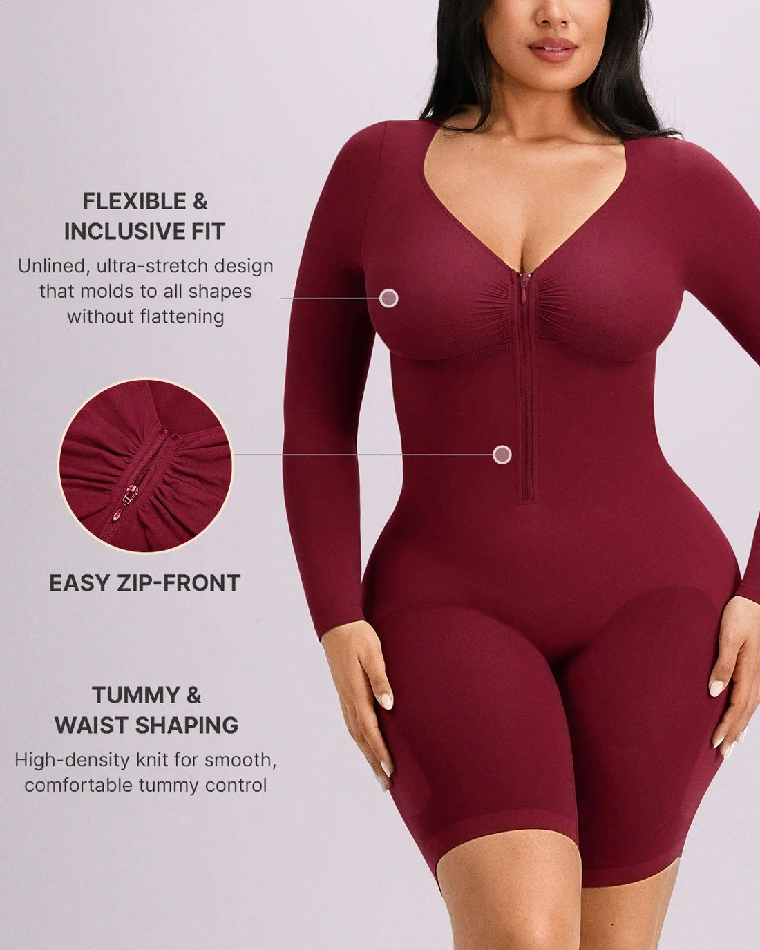 Long Sleeve Zip-Front Bodysuit - Garnet