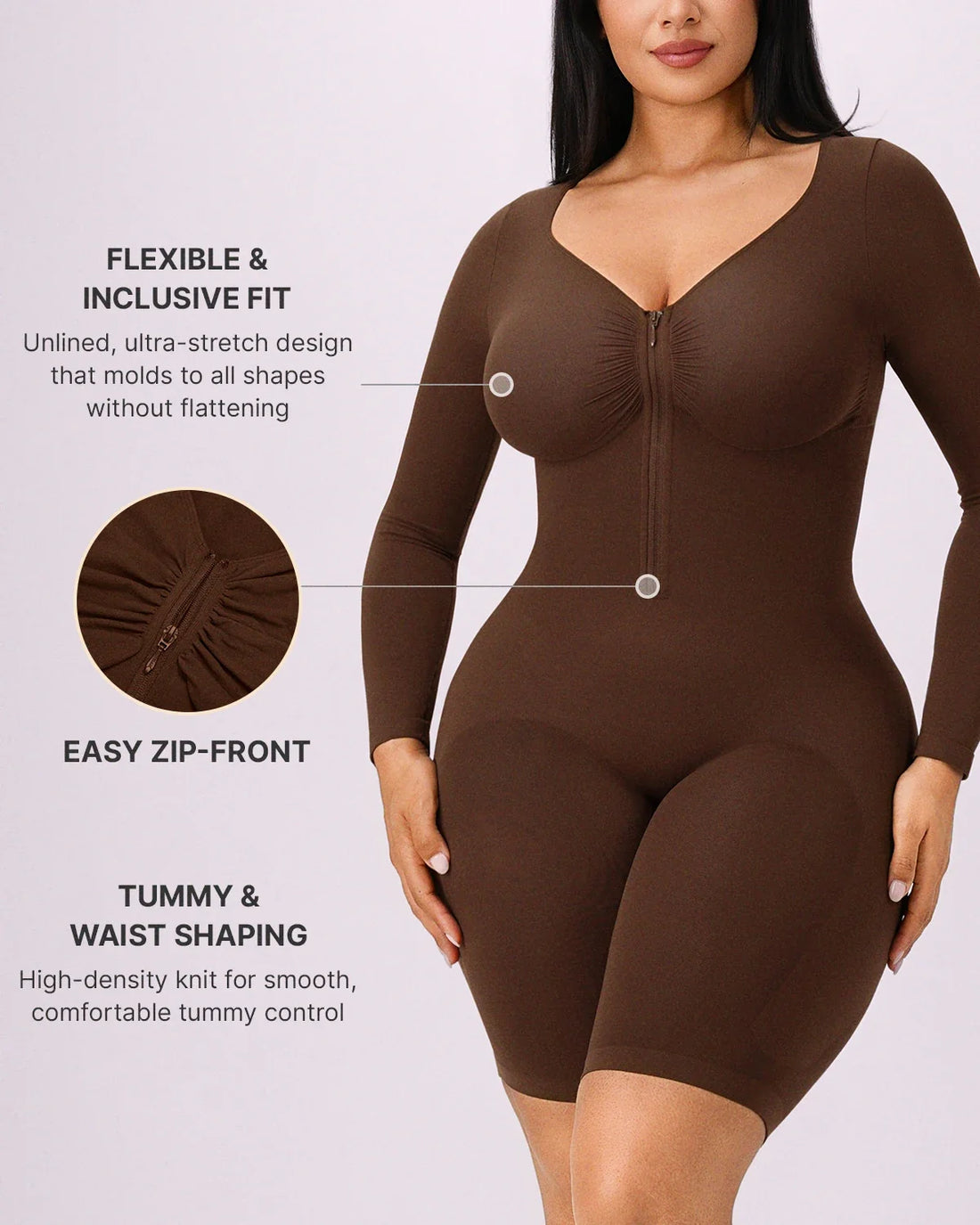Long Sleeve Zip-Front Bodysuit - Brown