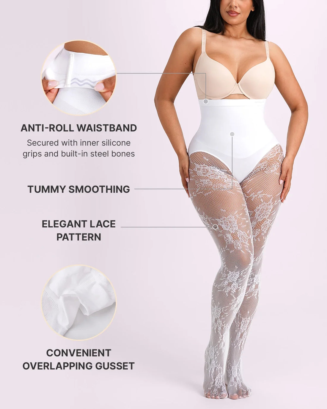 High-Waisted Floral Lace Shaping Tights - White