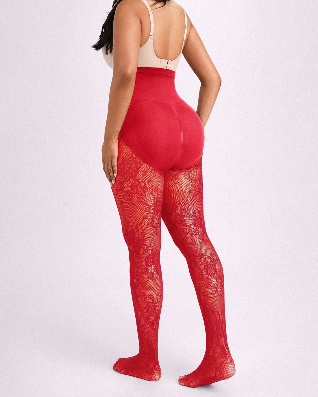 High-Waisted Floral Lace Shaping Tights - Red