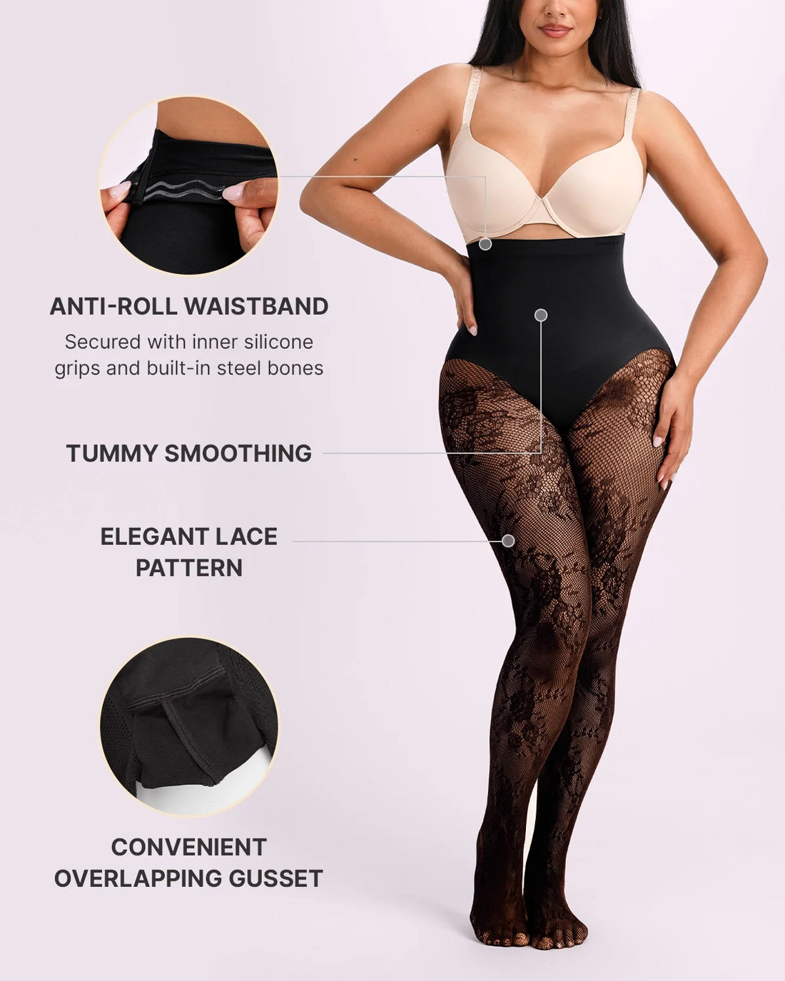 High-Waisted Floral Lace Shaping Tights - Black