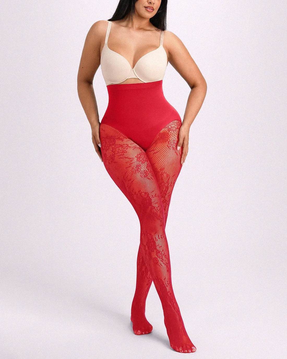 High-Waisted Floral Lace Shaping Tights - Red