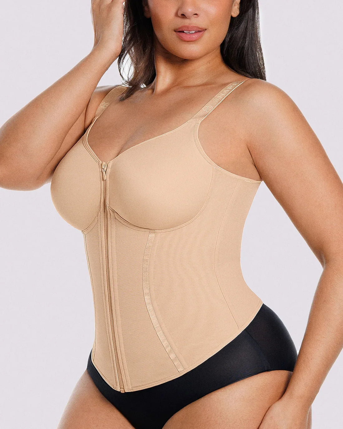 Long Sleeve Tummy Control Corset Top - Beige