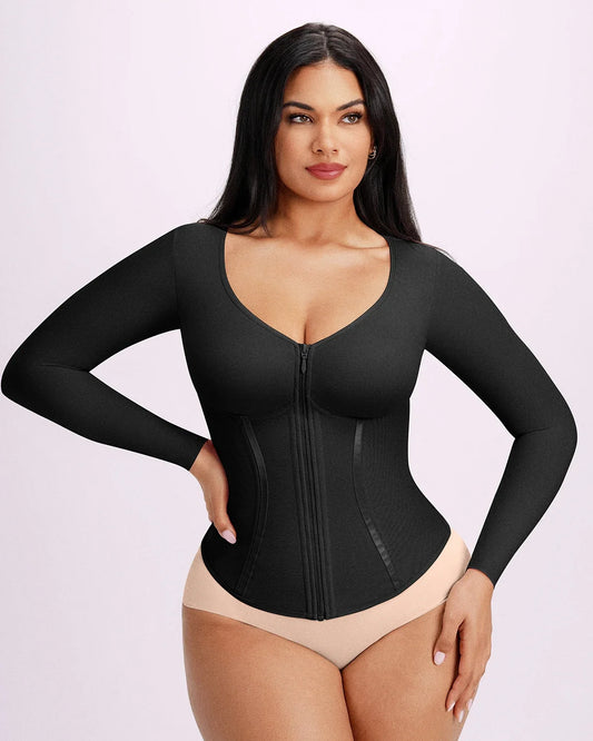 Long Sleeve Tummy Control Corset Top - Black