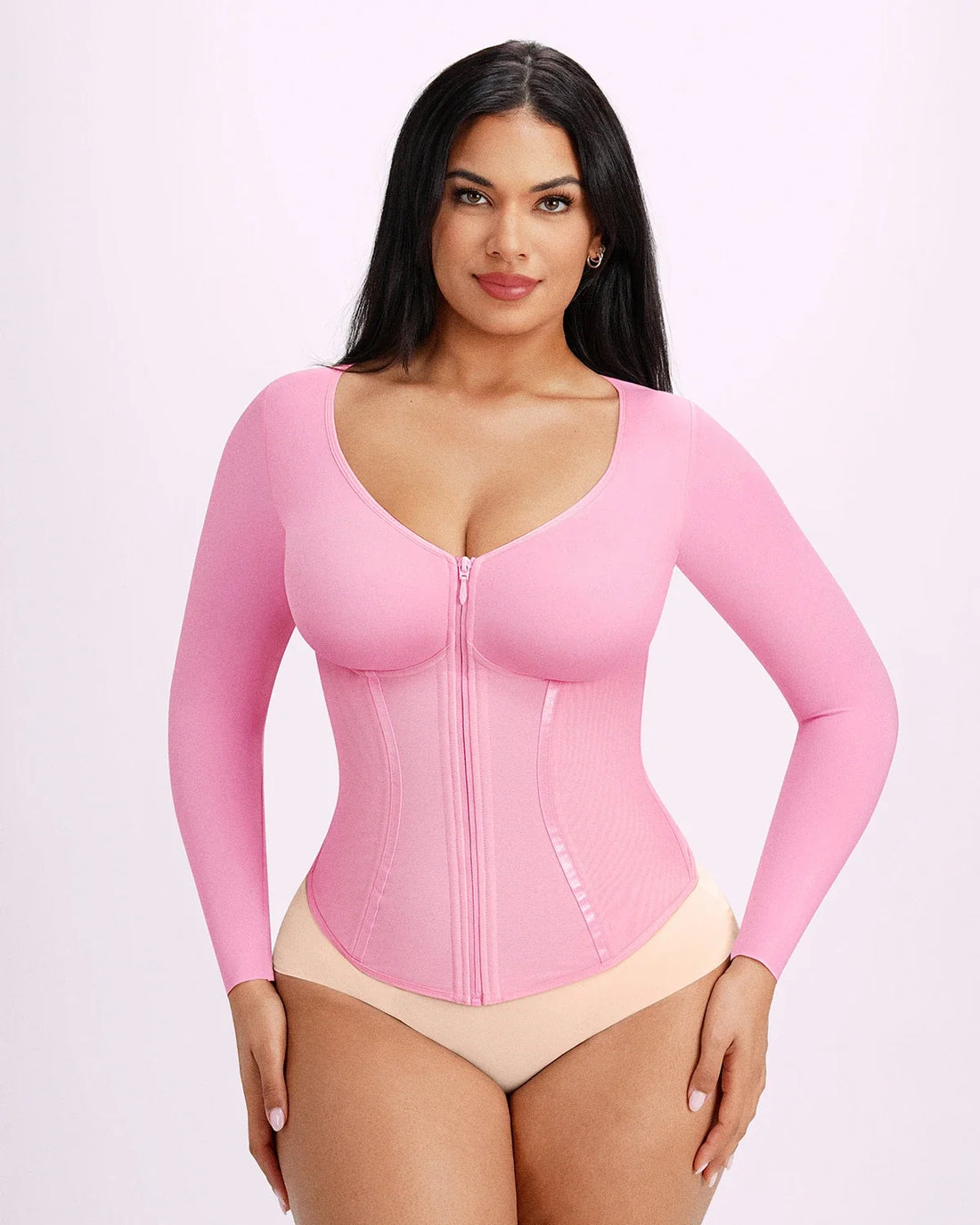 Long Sleeve Tummy Control Corset Top - Lavender Pink