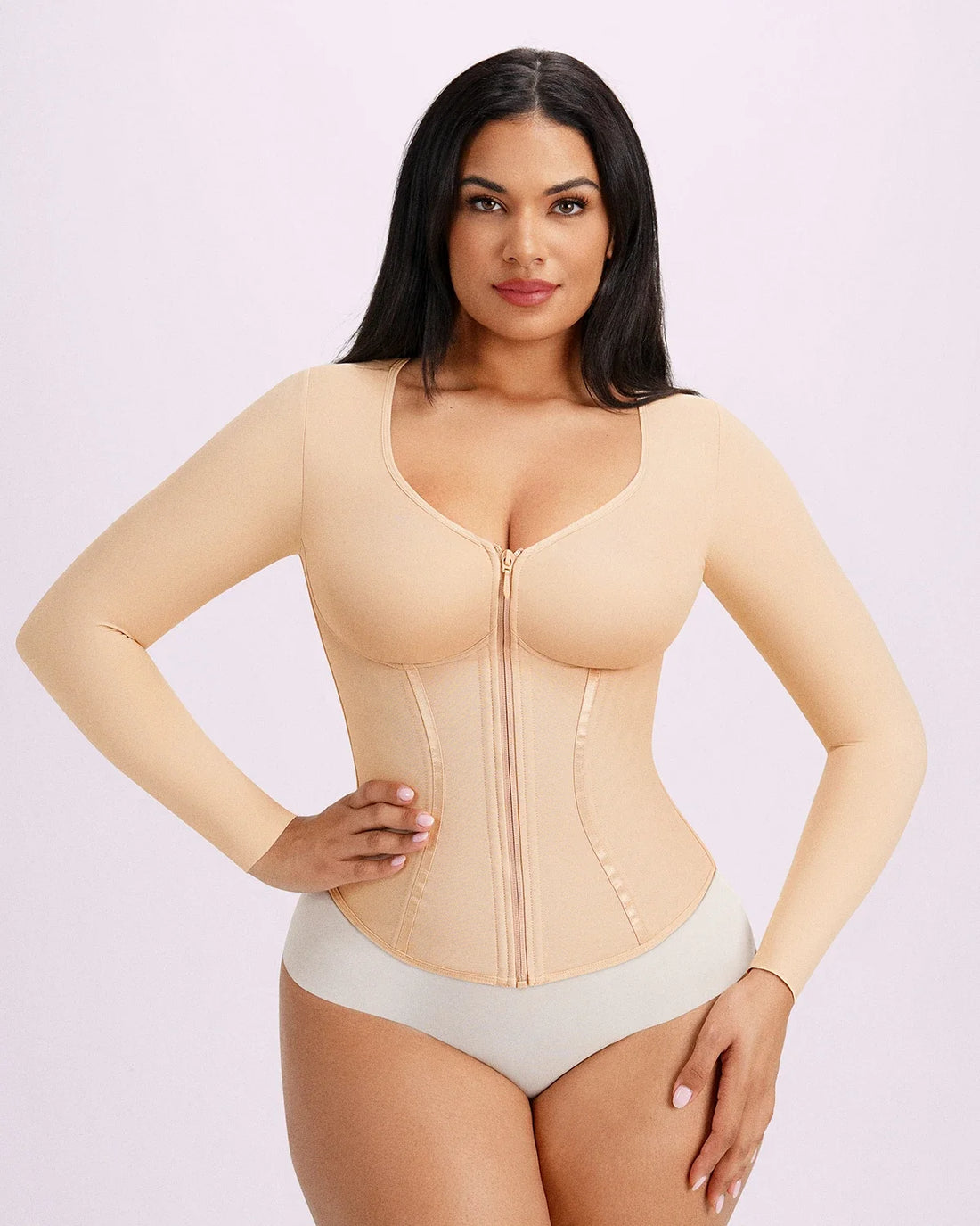Long Sleeve Tummy Control Corset Top - Beige