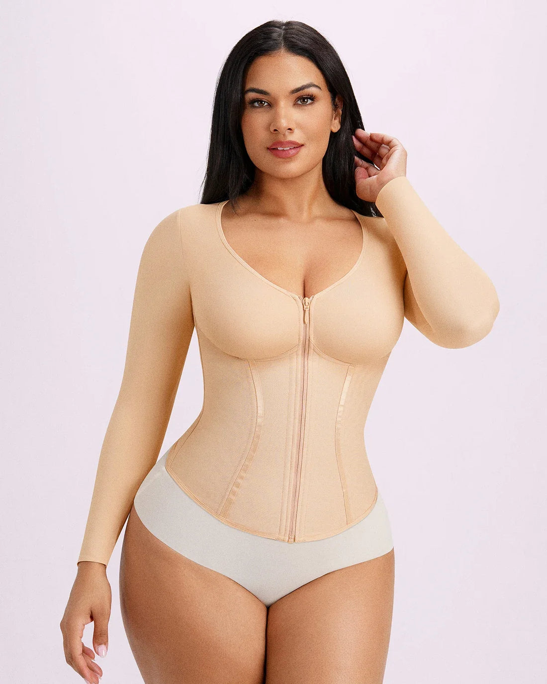 Long Sleeve Tummy Control Corset Top - Beige
