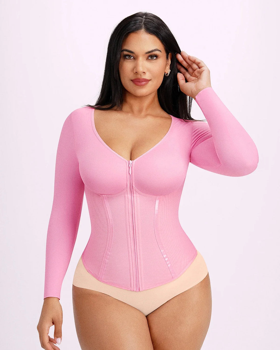 Long Sleeve Tummy Control Corset Top - Lavender Pink