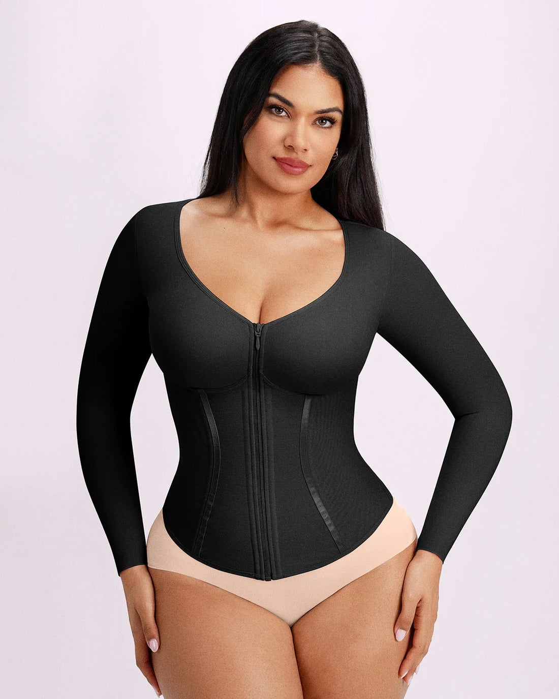 Long Sleeve Tummy Control Corset Top - Black