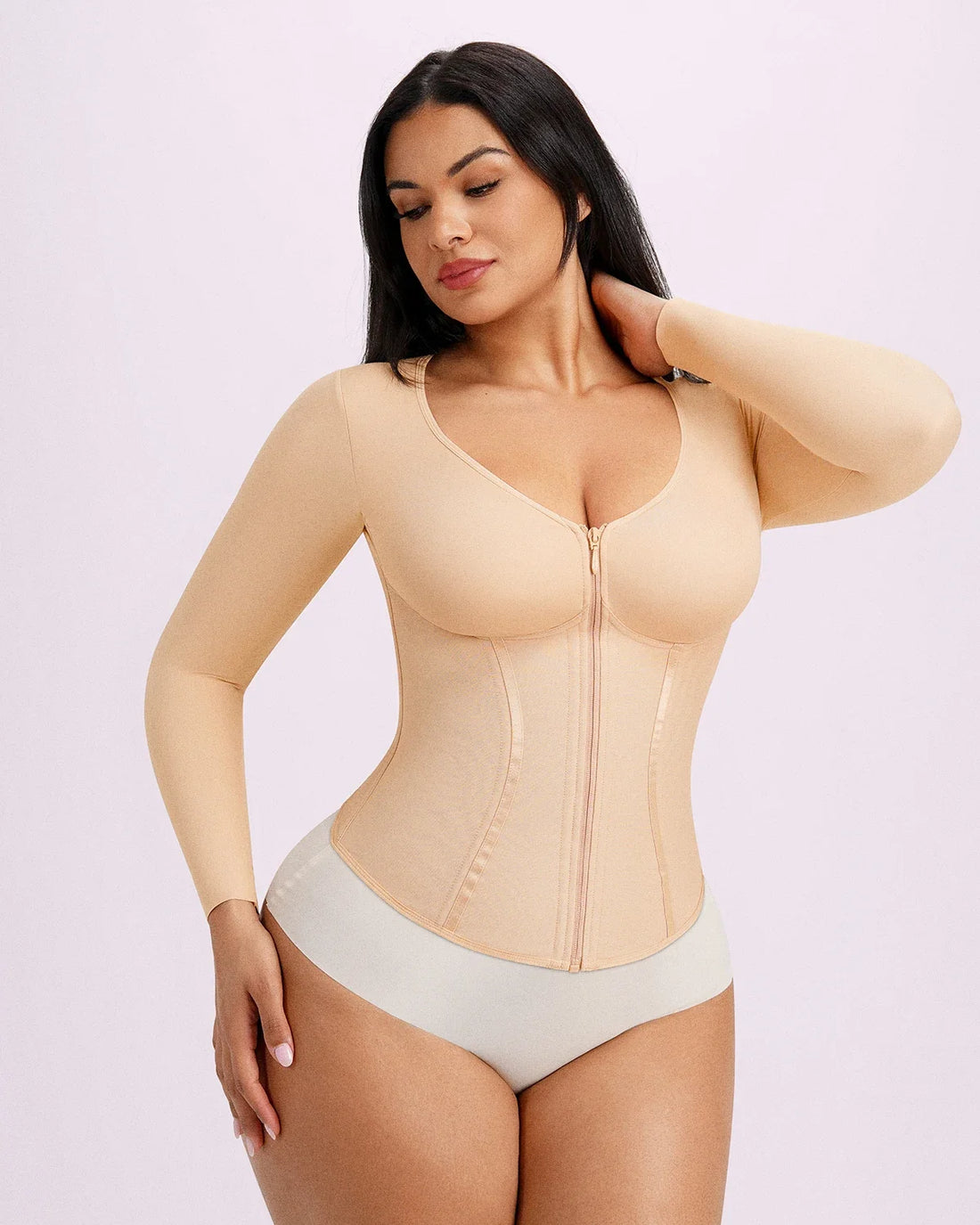 Long Sleeve Tummy Control Corset Top - Beige