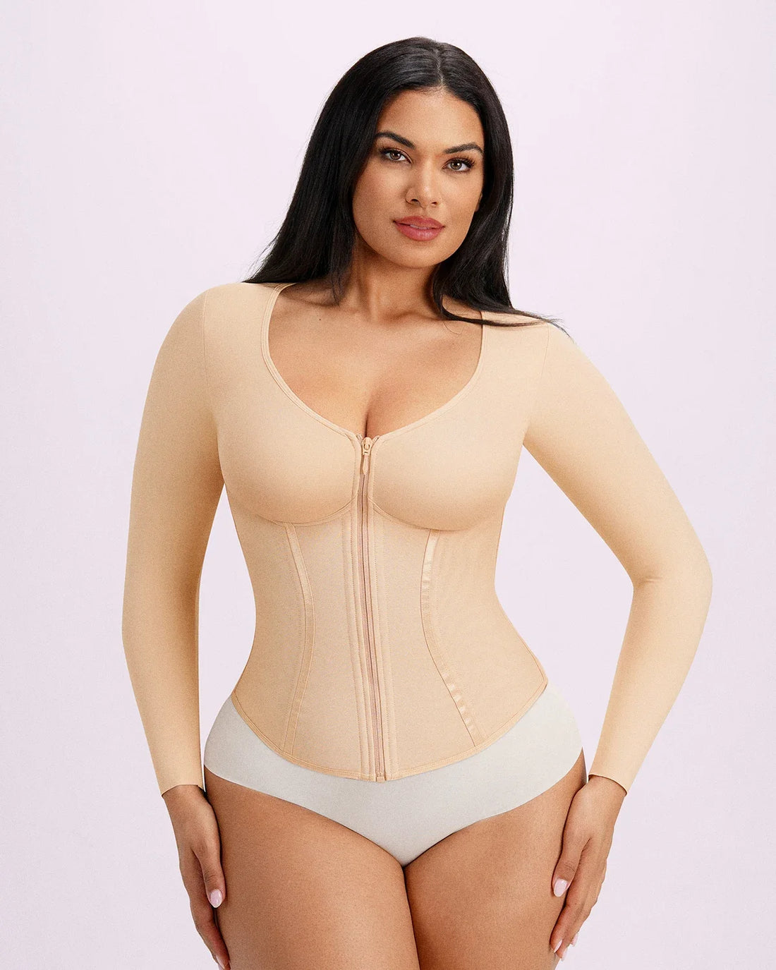 Long Sleeve Tummy Control Corset Top - Beige