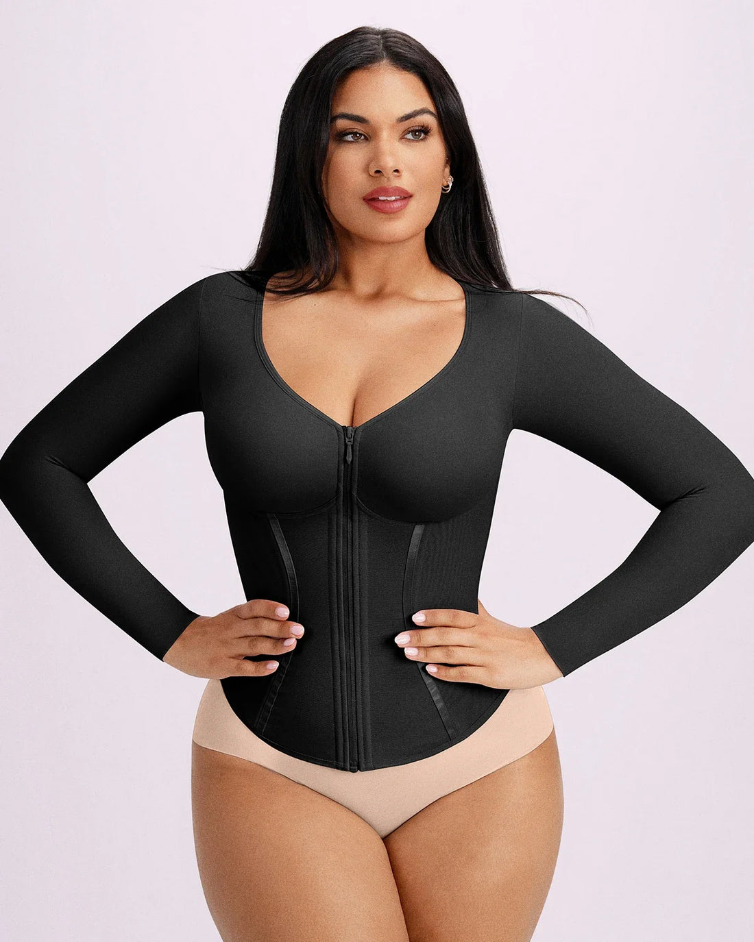 Long Sleeve Tummy Control Corset Top - Black