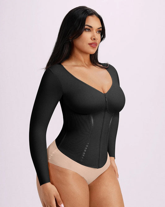 Long Sleeve Tummy Control Corset Top - Black