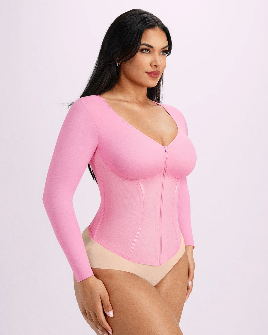 Long Sleeve Tummy Control Corset Top - Lavender Pink