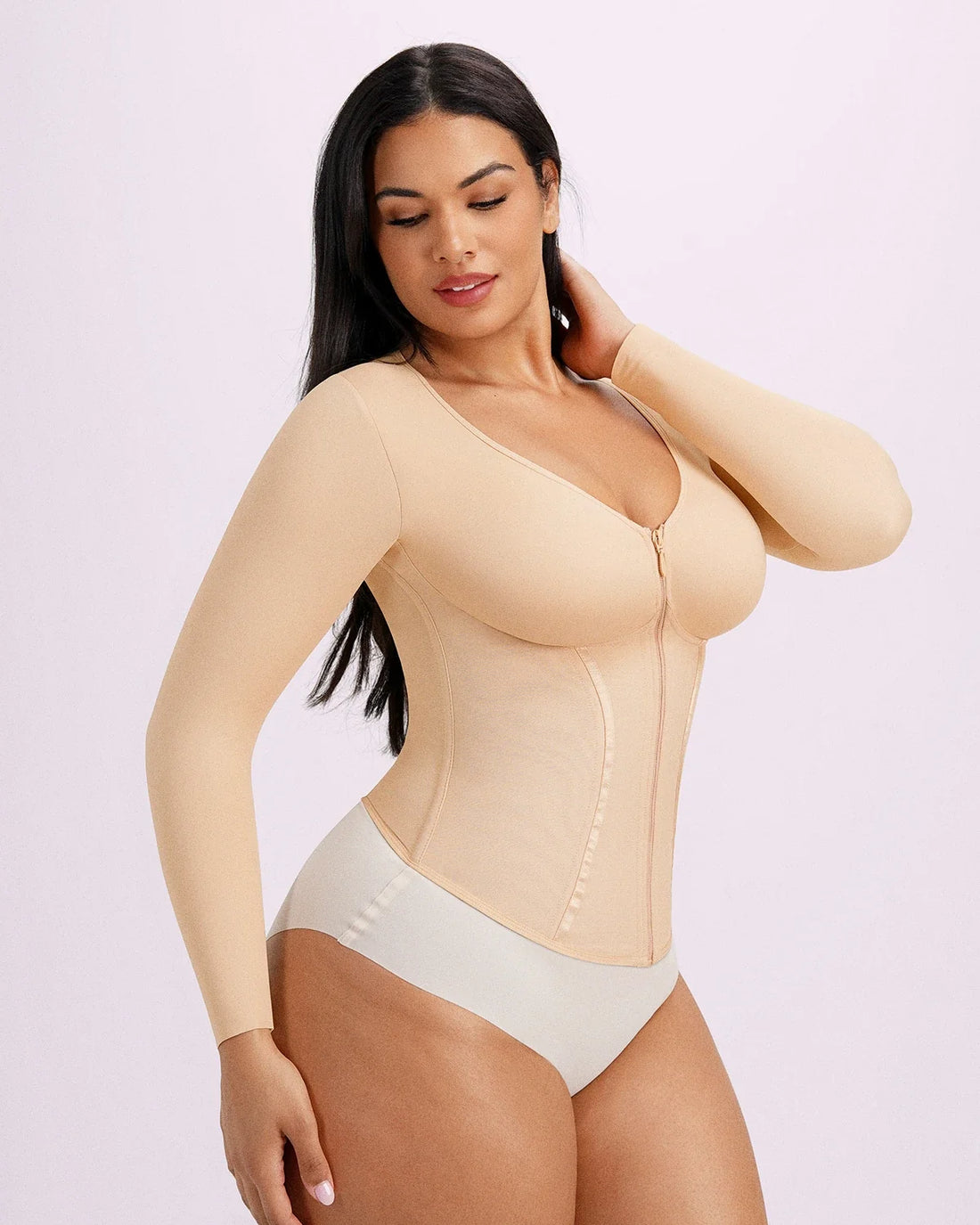 Long Sleeve Tummy Control Corset Top - Beige