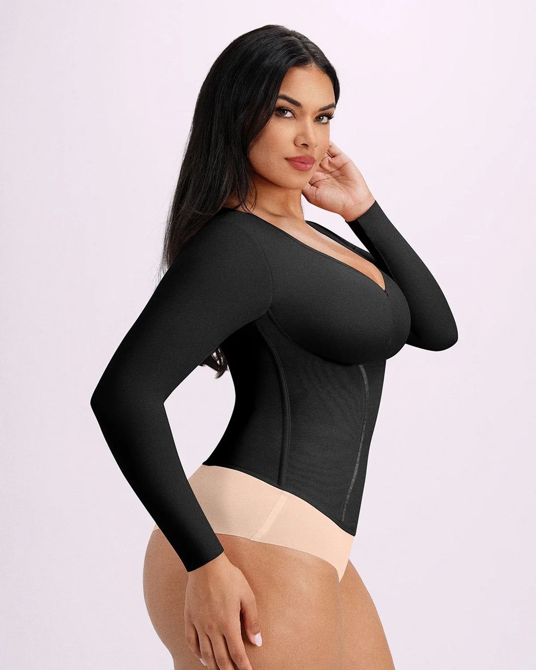Long Sleeve Tummy Control Corset Top - Black