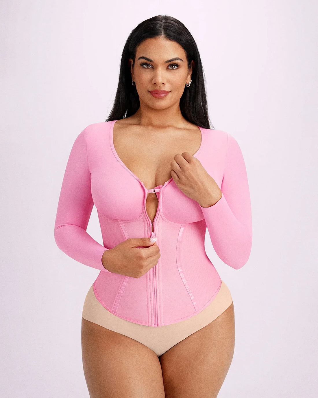 Long Sleeve Tummy Control Corset Top - Lavender Pink